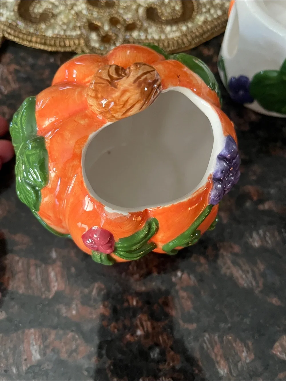 Hand-Painted Orange Pumpkin Ceramic Votive with Purple Grape Accent